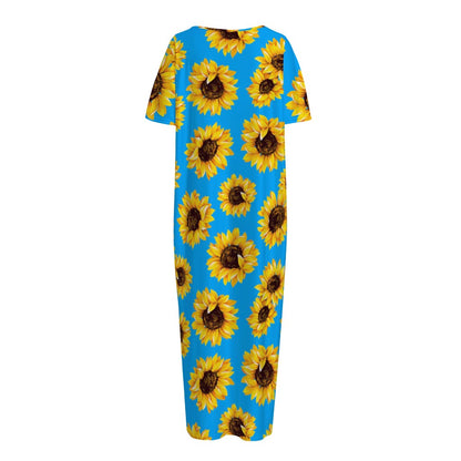 Blue Sunflower Pattern Print Short Sleeve Long Nightdress