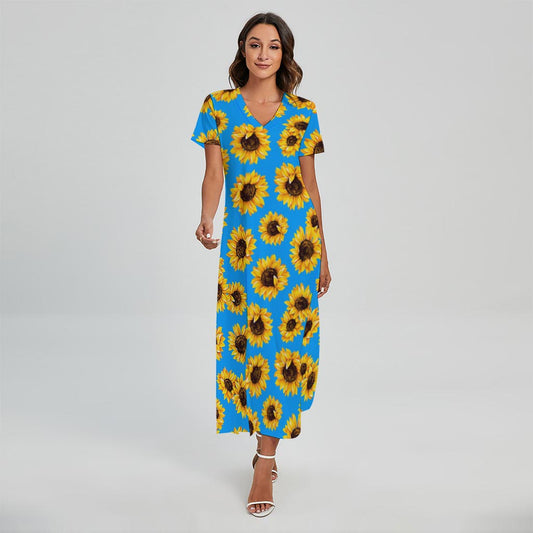 Blue Sunflower Pattern Print Short Sleeve Maxi Dress