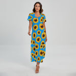 Blue Sunflower Pattern Print Short Sleeve Maxi Dress