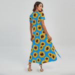 Blue Sunflower Pattern Print Short Sleeve Maxi Dress