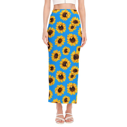 Blue Sunflower Pattern Print Side Slit Maxi Skirt