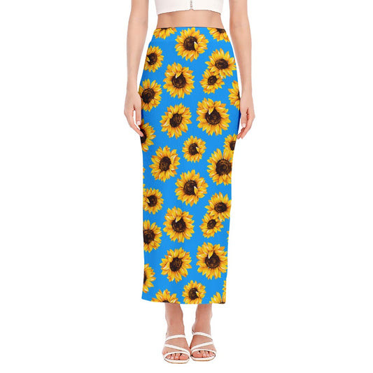 Blue Sunflower Pattern Print Side Slit Maxi Skirt