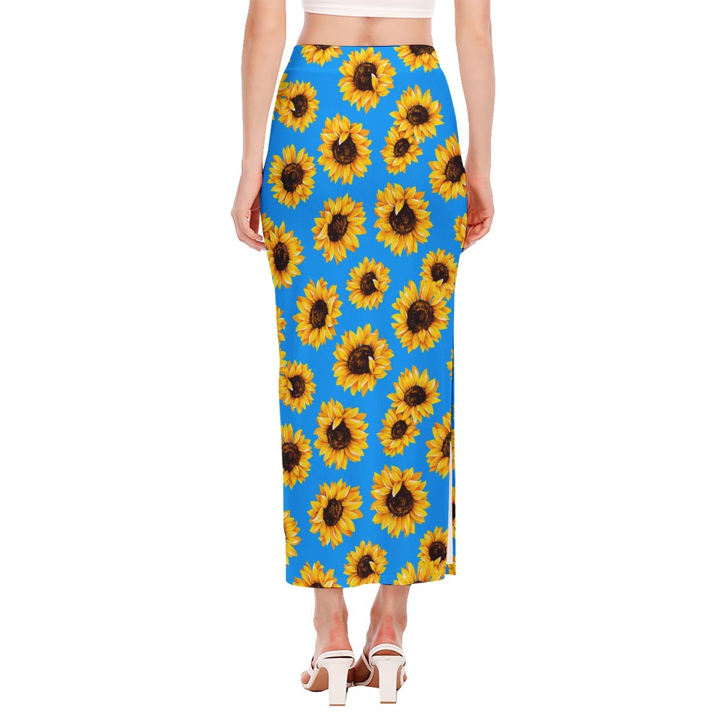 Blue Sunflower Pattern Print Side Slit Maxi Skirt