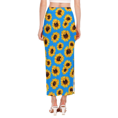 Blue Sunflower Pattern Print Side Slit Maxi Skirt