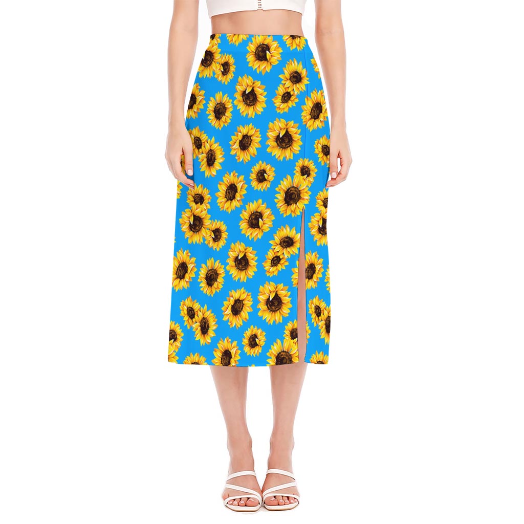Blue Sunflower Pattern Print Side Slit Midi Skirt