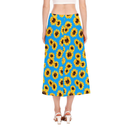 Blue Sunflower Pattern Print Side Slit Midi Skirt