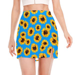 Blue Sunflower Pattern Print Side Slit Mini Skirt