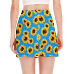 Blue Sunflower Pattern Print Side Slit Mini Skirt