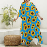 Blue Sunflower Pattern Print Silk V-Neck Kaftan Dress