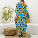 Blue Sunflower Pattern Print Silk V-Neck Kaftan Dress