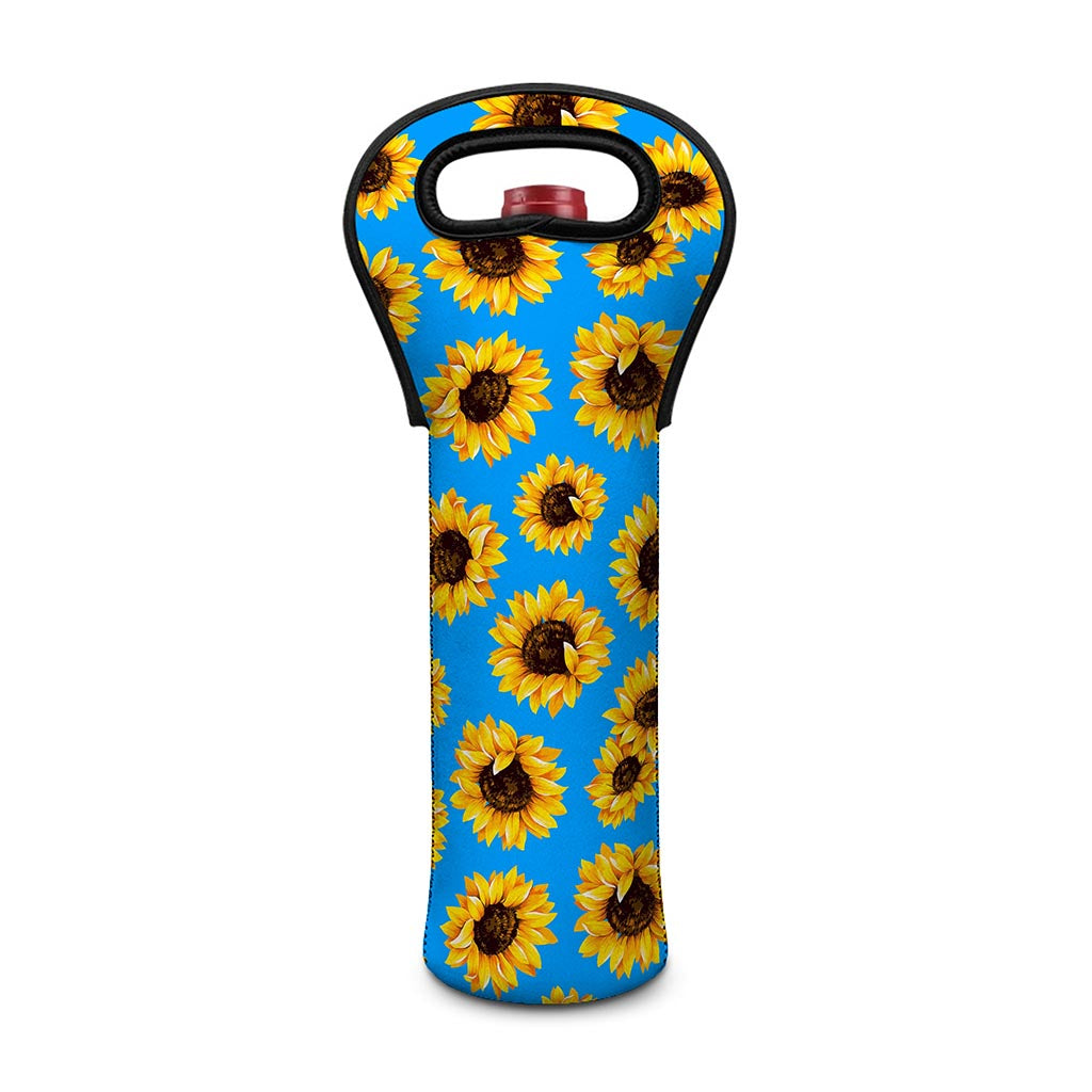 Blue Sunflower Pattern Print Single Neoprene Wine Tote