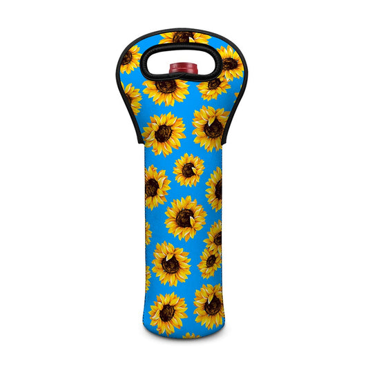 Blue Sunflower Pattern Print Single Neoprene Wine Tote
