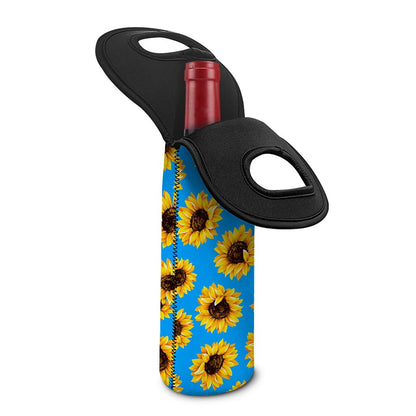 Blue Sunflower Pattern Print Single Neoprene Wine Tote