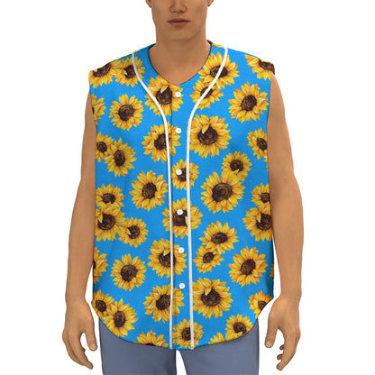 Blue Sunflower Pattern Print Sleeveless Baseball Jersey