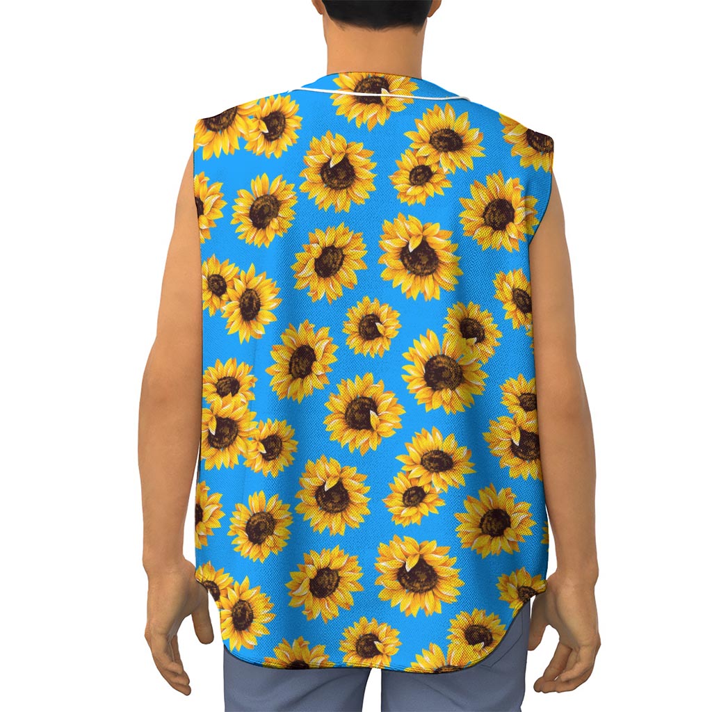 Blue Sunflower Pattern Print Sleeveless Baseball Jersey