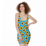 Blue Sunflower Pattern Print Sleeveless Bodycon Dress