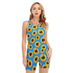 Blue Sunflower Pattern Print Sleeveless One Piece Swimsuit