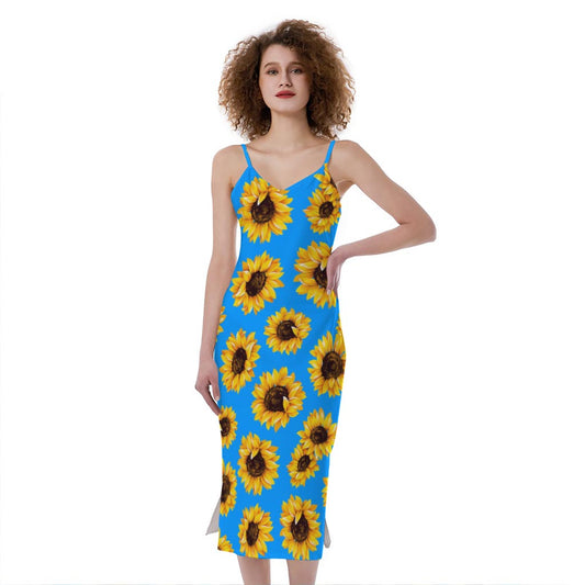 Blue Sunflower Pattern Print Slim Fit Midi Cami Dress