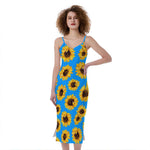 Blue Sunflower Pattern Print Slim Fit Midi Cami Dress