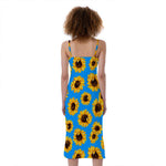 Blue Sunflower Pattern Print Slim Fit Midi Cami Dress