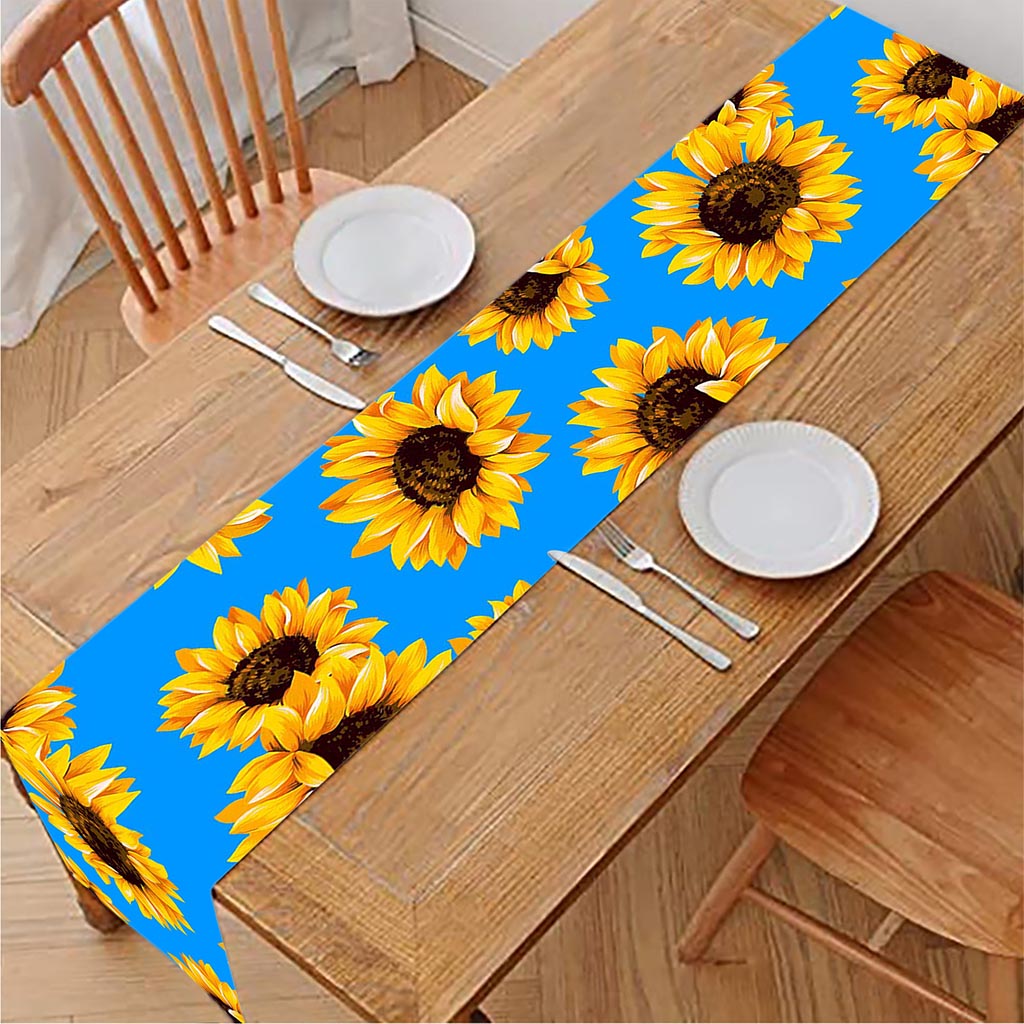 Blue Sunflower Pattern Print Table Runner