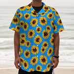 Blue Sunflower Pattern Print Textured Short Sleeve Shirt