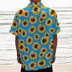 Blue Sunflower Pattern Print Textured Short Sleeve Shirt
