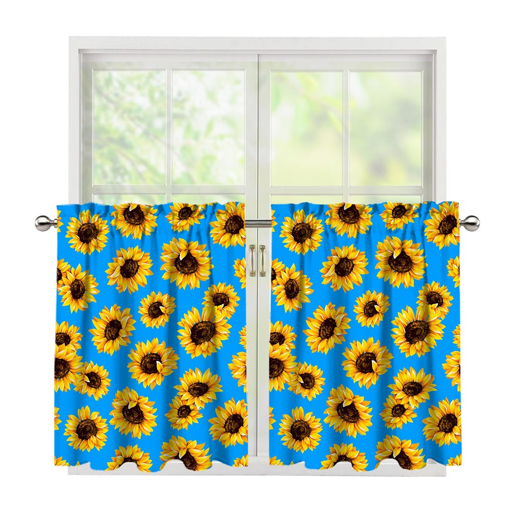 Blue Sunflower Pattern Print Tier Curtains