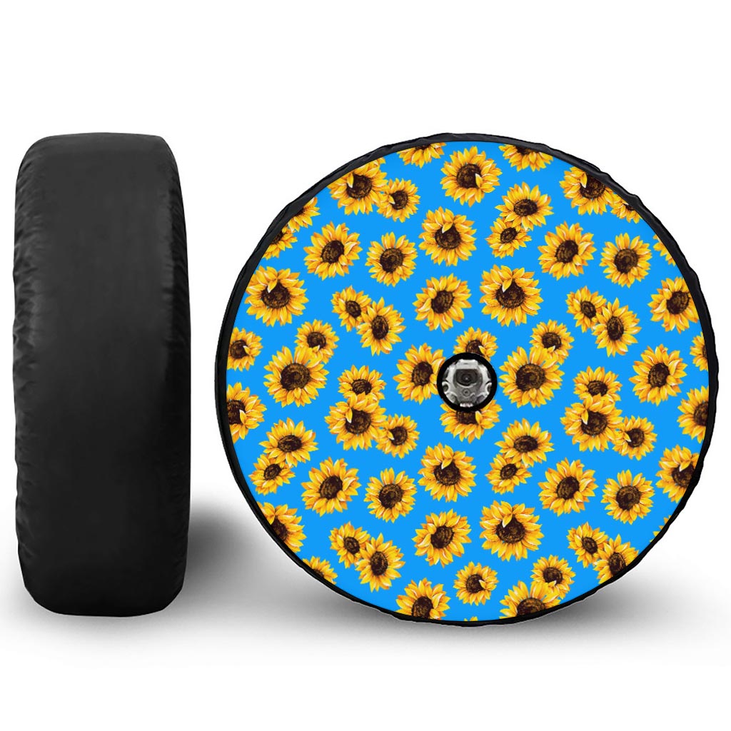 Blue Sunflower Pattern Print Tire Cover With Camera Hole