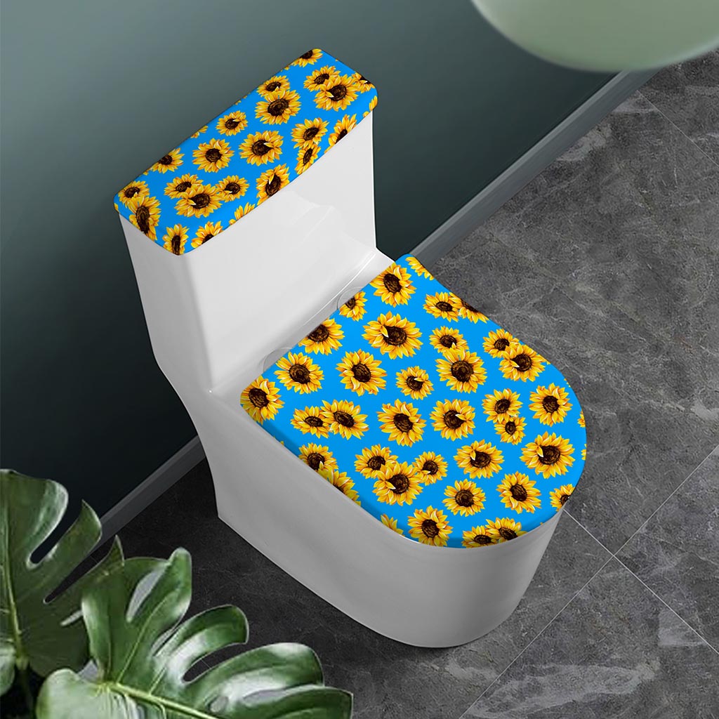 Blue Sunflower Pattern Print Toilet Lid And Tank Cover Set