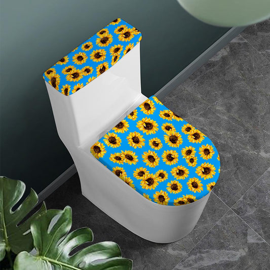 Blue Sunflower Pattern Print Toilet Lid And Tank Cover Set