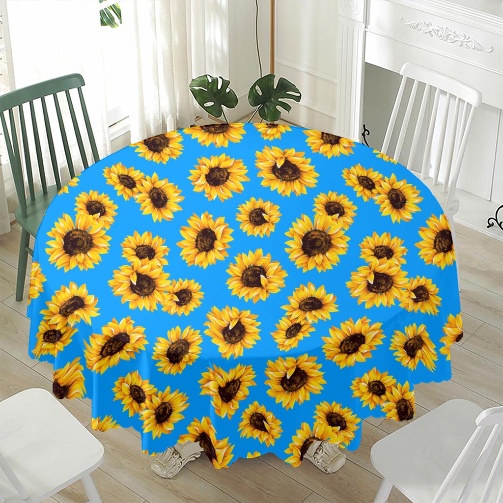 Blue Sunflower Pattern Print Waterproof Round Tablecloth