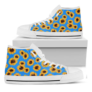 Blue Sunflower Pattern Print White High Top Sneakers