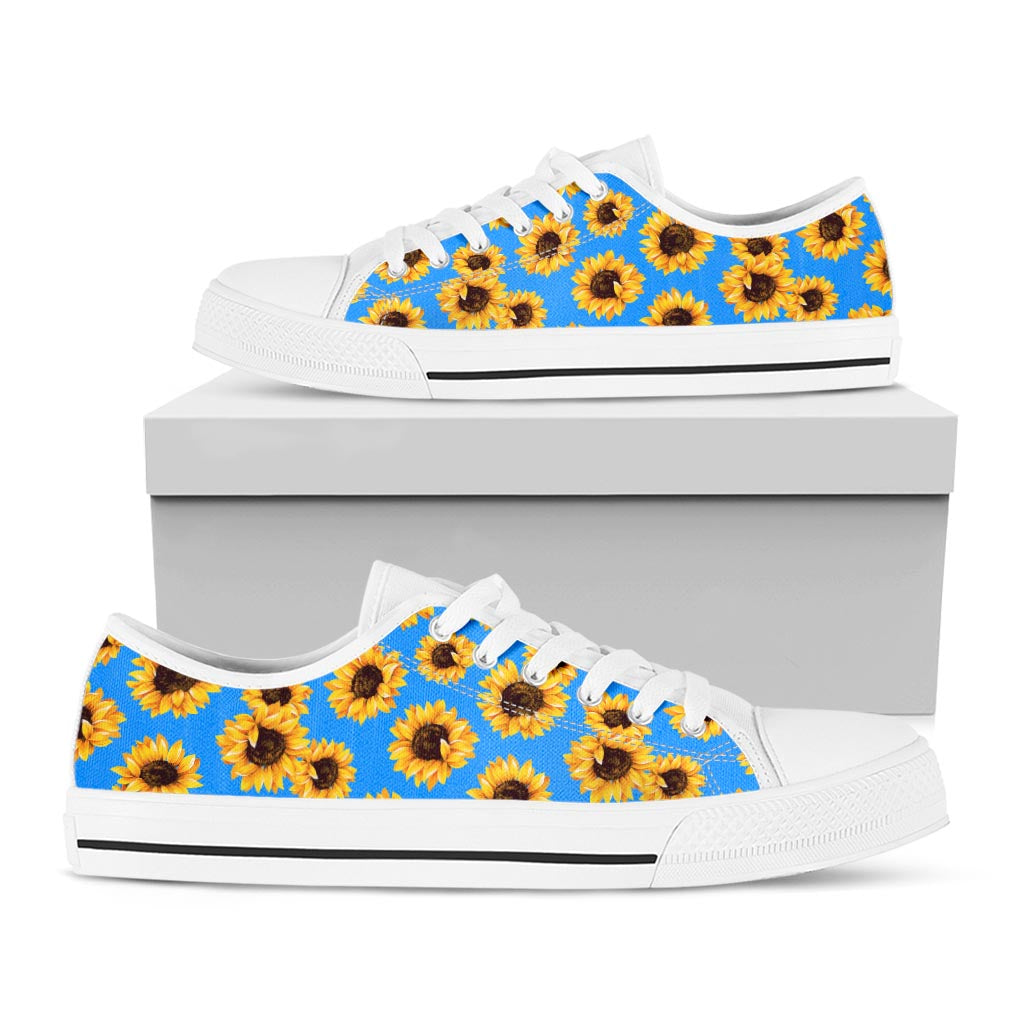 Blue Sunflower Pattern Print White Low Top Sneakers