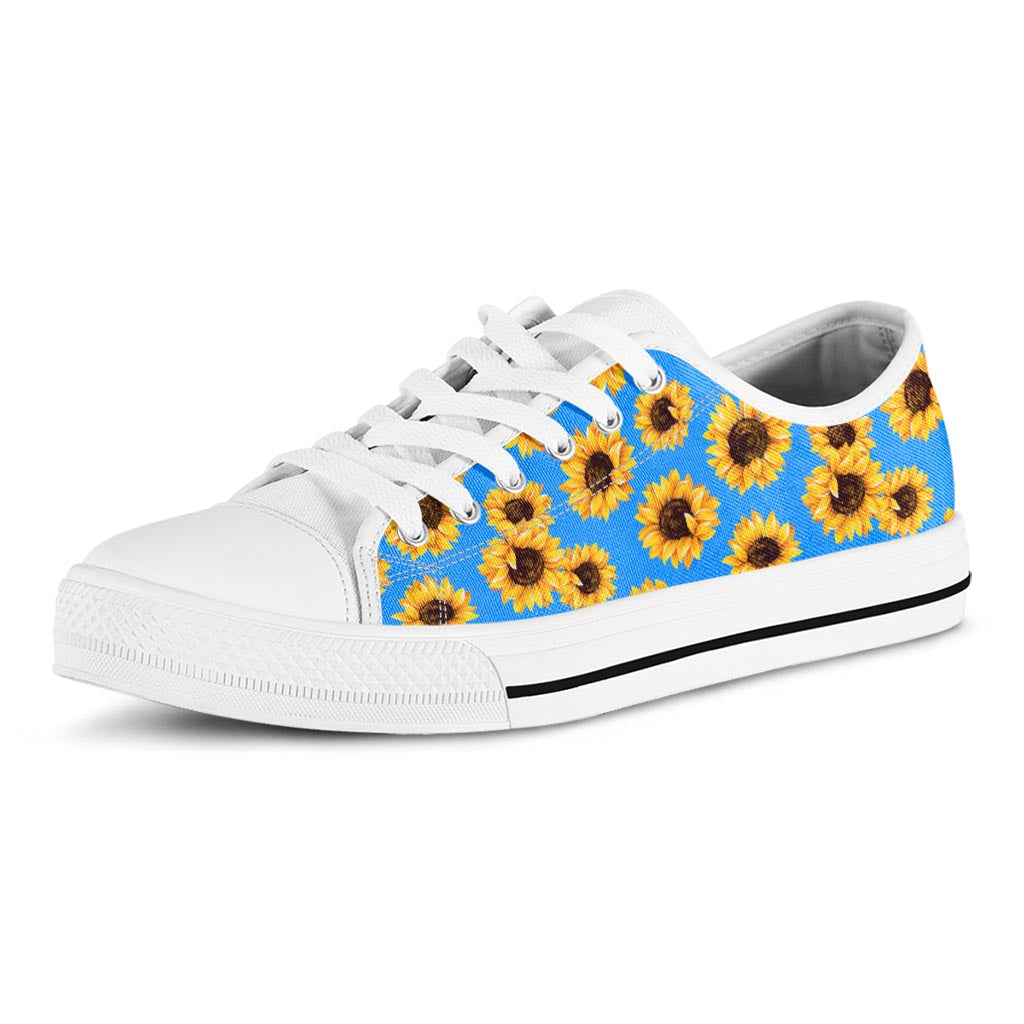 Blue Sunflower Pattern Print White Low Top Sneakers