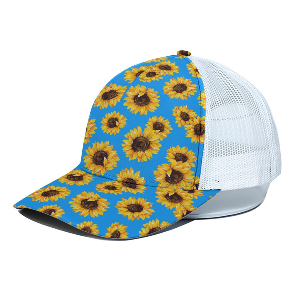 Blue Sunflower Pattern Print White Mesh Trucker Cap