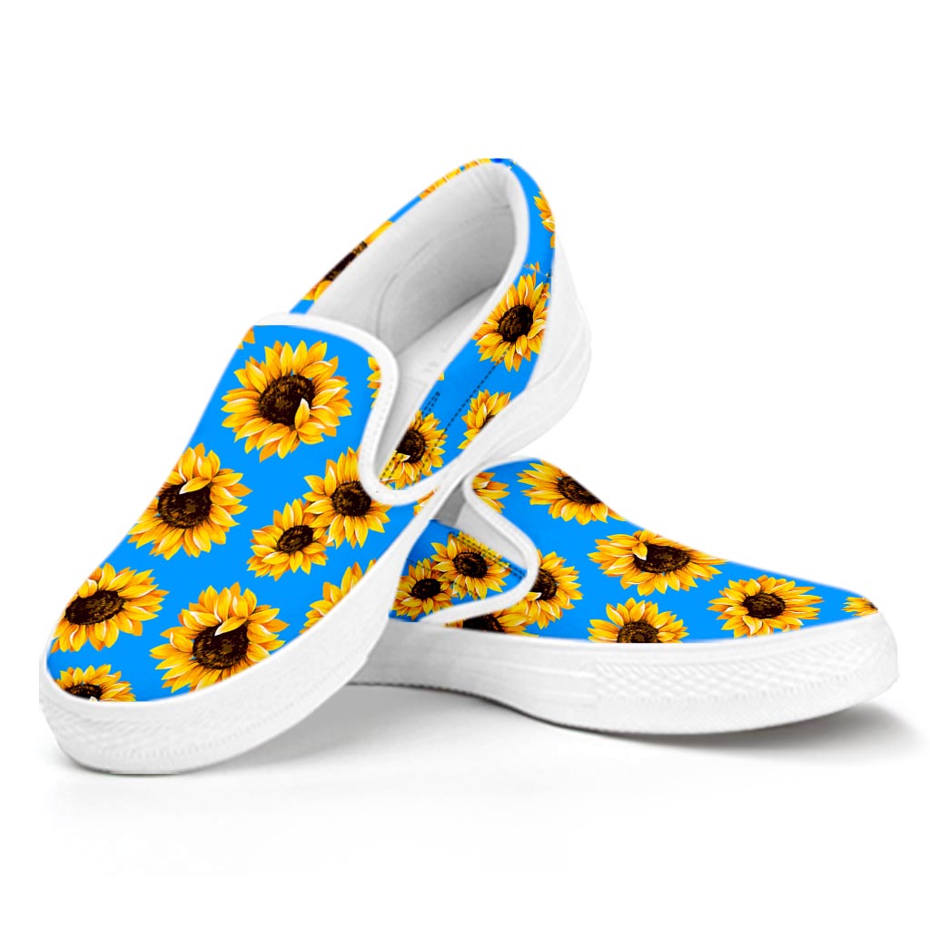 Blue Sunflower Pattern Print White Slip On Sneakers