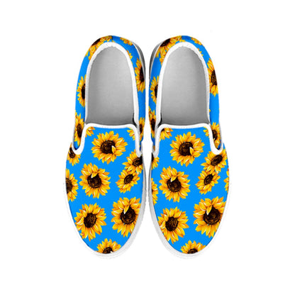 Blue Sunflower Pattern Print White Slip On Sneakers
