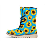 Blue Sunflower Pattern Print Winter Boots