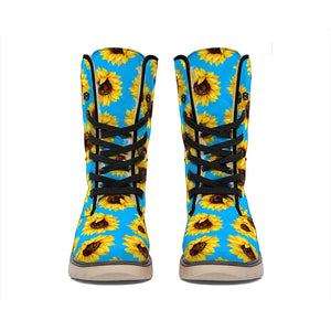 Blue Sunflower Pattern Print Winter Boots