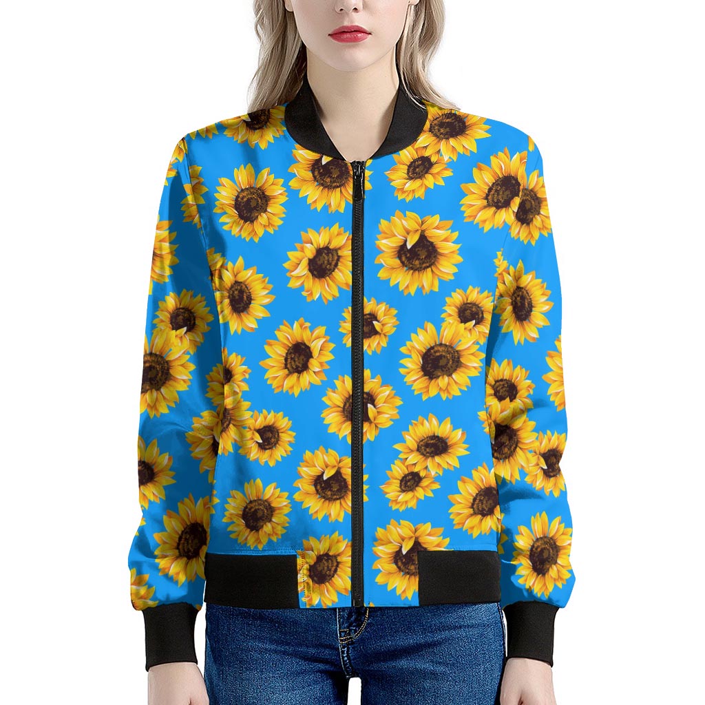 Blue Sunflower Pattern Print Women's Bomber Jacket