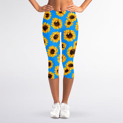 Blue Sunflower Pattern Print Women's Capri Leggings