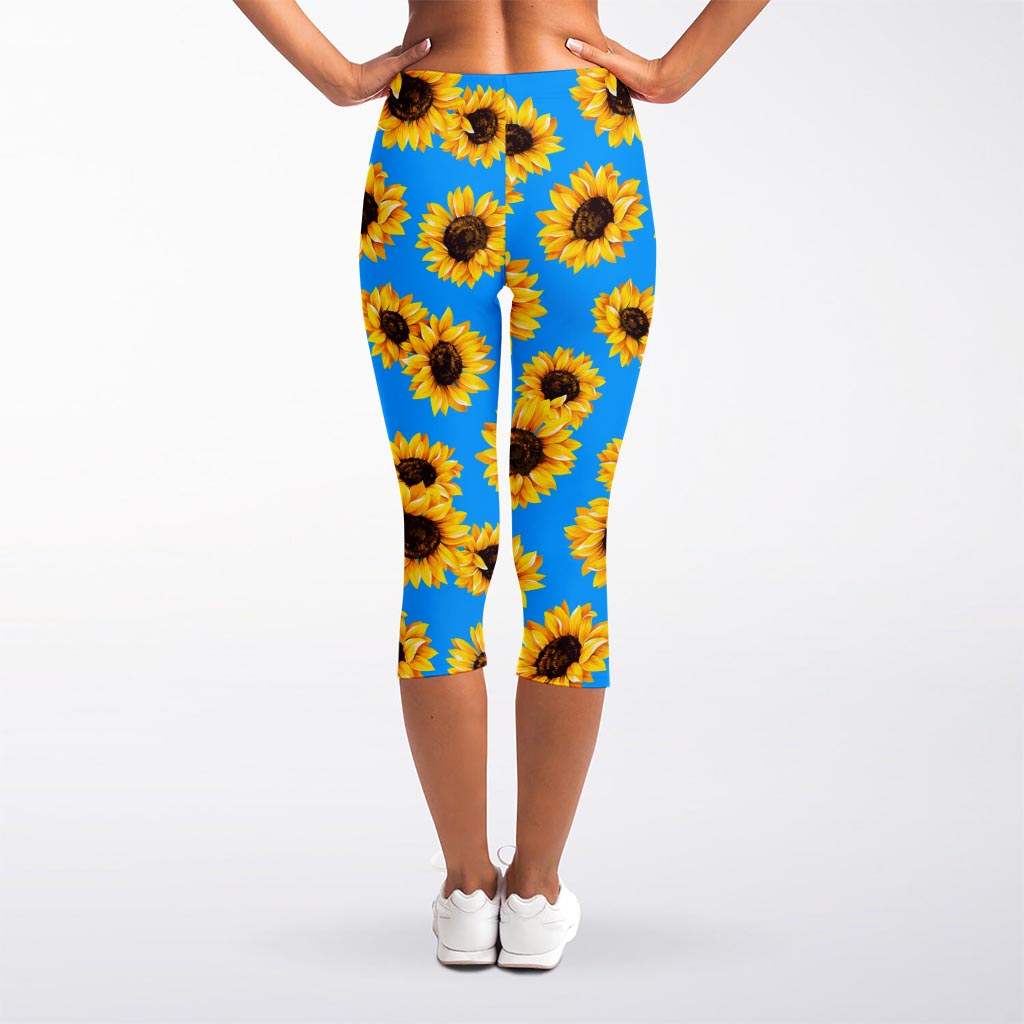 Blue Sunflower Pattern Print Women's Capri Leggings