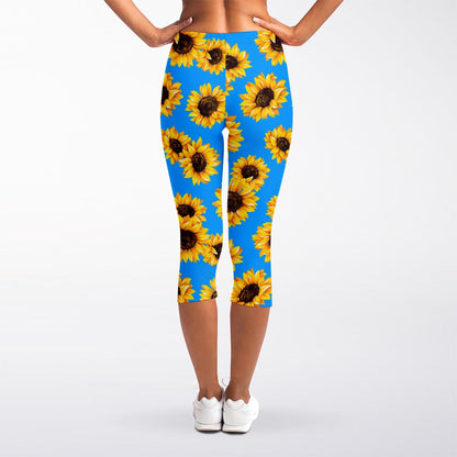 Blue Sunflower Pattern Print Women's Capri Leggings