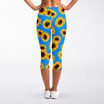 Blue Sunflower Pattern Print Women's Capri Leggings