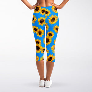 Blue Sunflower Pattern Print Women's Capri Leggings