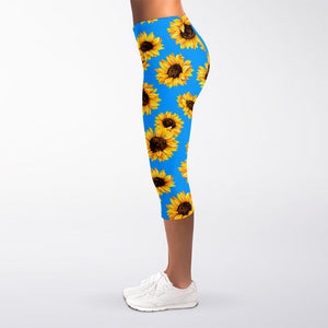 Blue Sunflower Pattern Print Women's Capri Leggings
