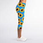 Blue Sunflower Pattern Print Women's Capri Leggings
