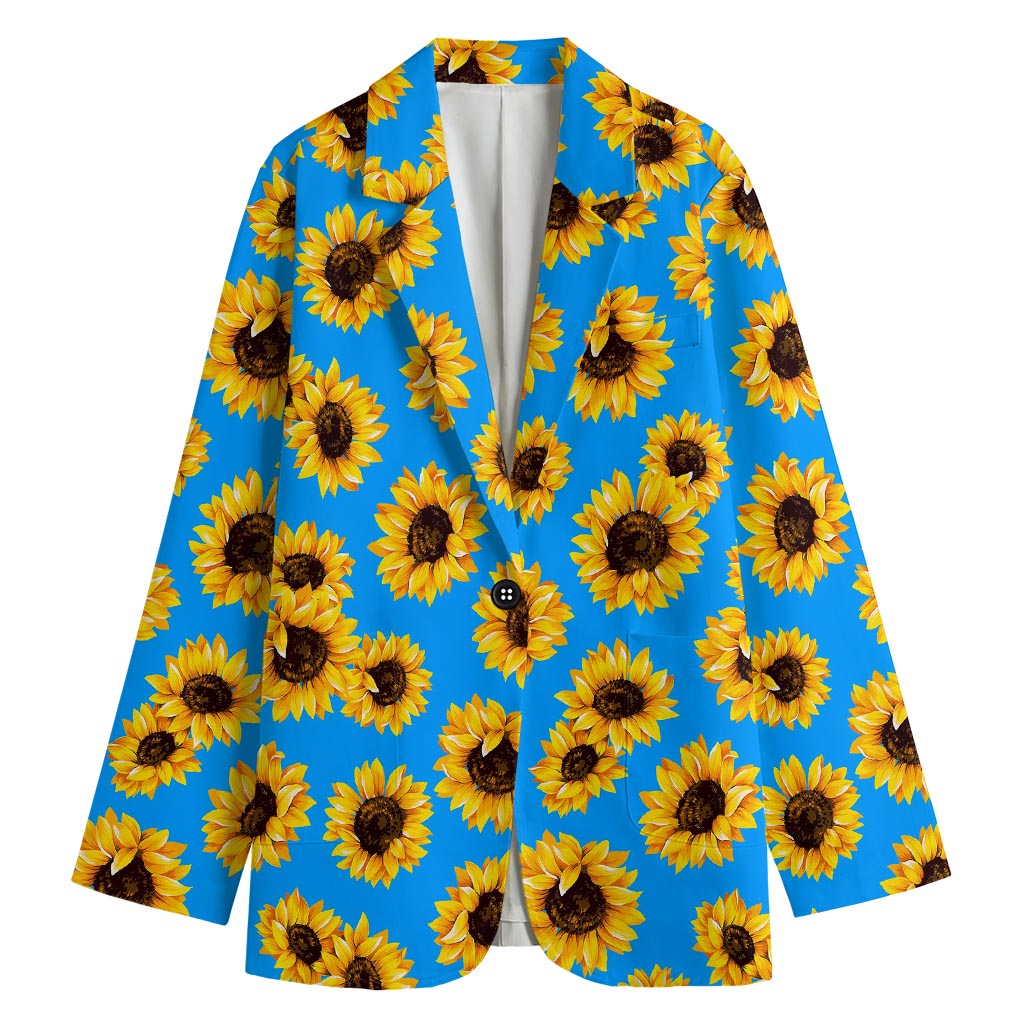 Blue Sunflower Pattern Print Women's Cotton Blazer