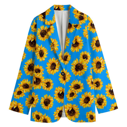 Blue Sunflower Pattern Print Women's Cotton Blazer